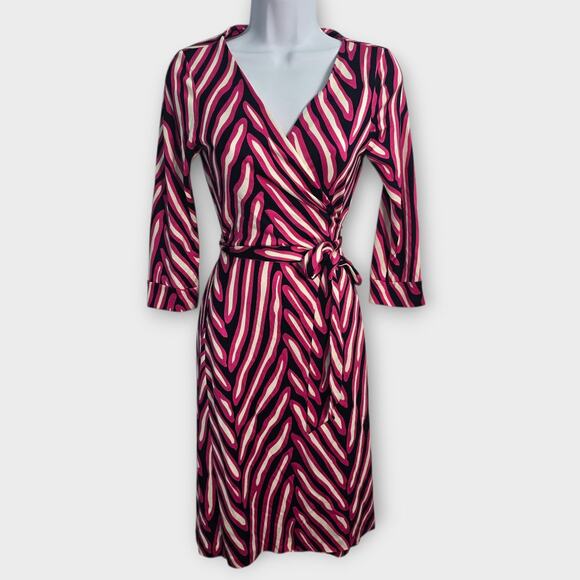 Diane von Furstenberg New Julian Silk Wrap Dress Pink Navy Cream Abstract Size 4